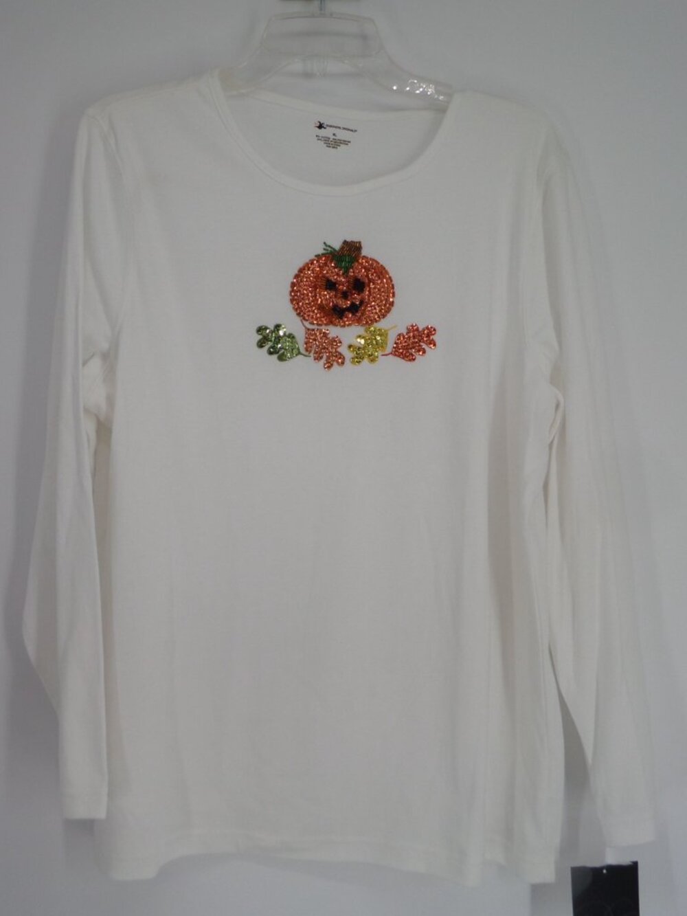 Designers Originals Women's Halloween LS Tee White Color/Pumpkin Top Size XL NWT